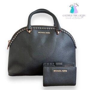 MICHAEL Kors Emmy Dome Satchel Handbag with Medium Crossgrain Leather Wallet